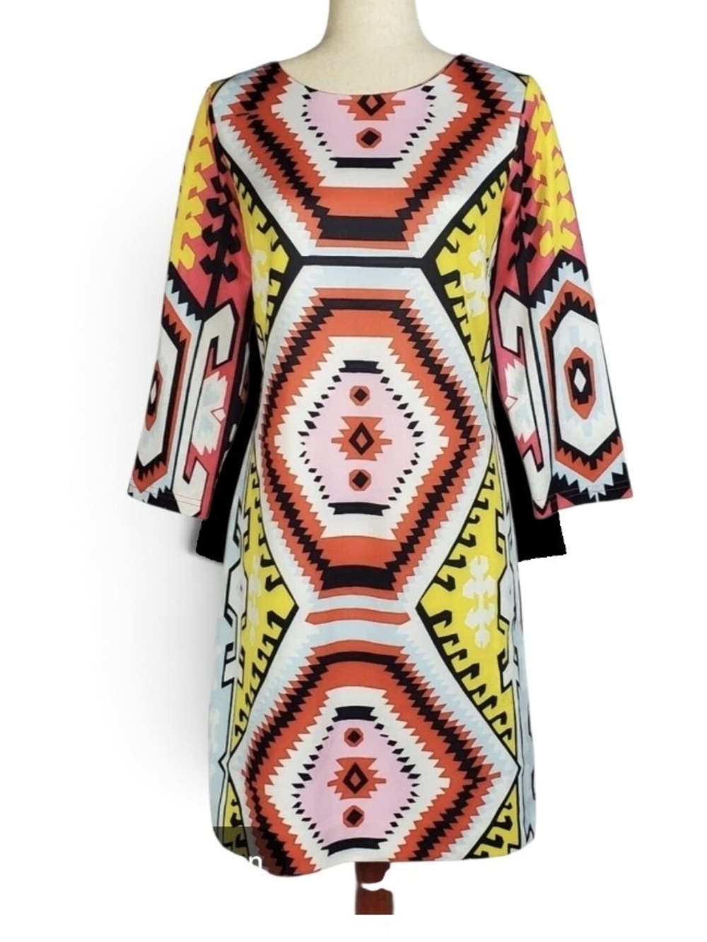 CK Bradley EUC XL 23 PTP Bold Geometric Tribal Shift Dress in Pink, Coral Yellow